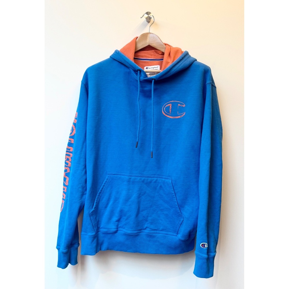 NWOT‎ Men's CHAMPION Logo Blue Orange Pull-over Hoodie Size XL